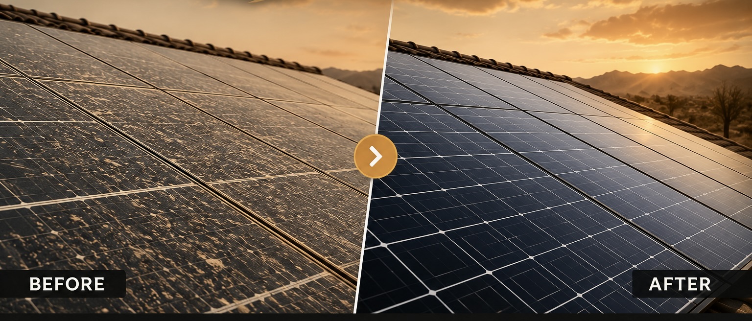 Professional solar panel cleaning before and after showing dirty and clean solar panels to restore efficiency in Las Vegas, Henderson, and Boulder City.